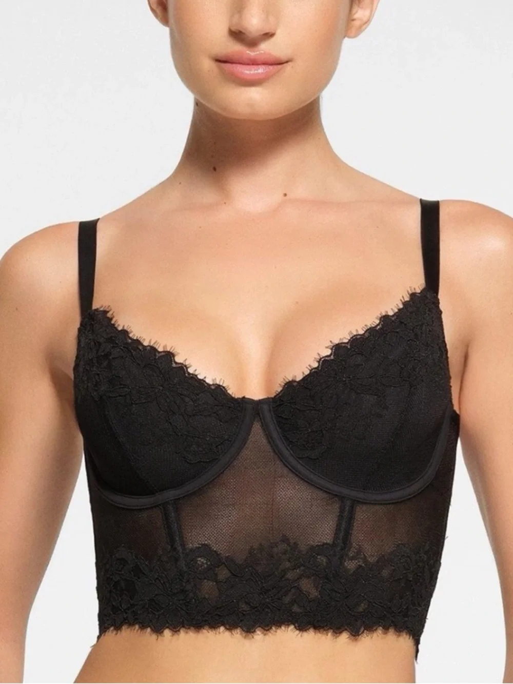 SKIMS Femme Sheer Lace Balconette Corset Bra Lingerie Unlined Underwire Black S - Picture 1 of 10